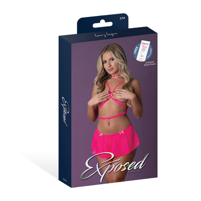 MAGIC SILK PINK KINK HARNESS TOP, OPEN CROTCH SKIRT PANTY & CHOKER PINK GLOW L/XL