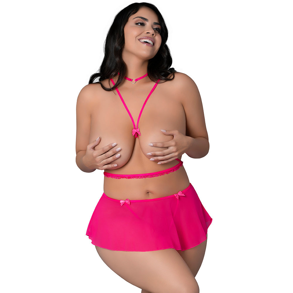 MAGIC SILK - PINK KINK HARNESS TOP, OPEN CROTCH SKIRT PANTY & CHOKER PINK GLOW QUEEN SIZE