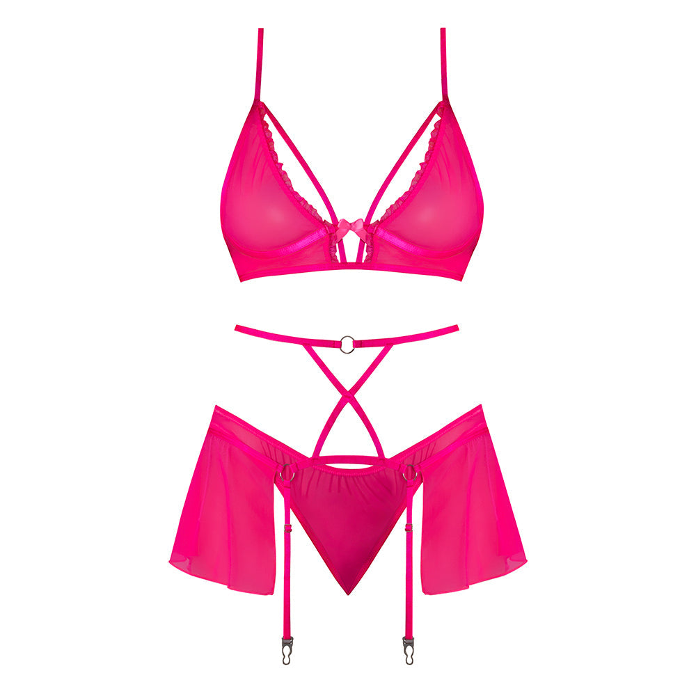 MAGIC SILK PINK KINK BRALETTE, HIGH LEG PANTY & GARTER SKIRT SET PINK GLOW L/XL