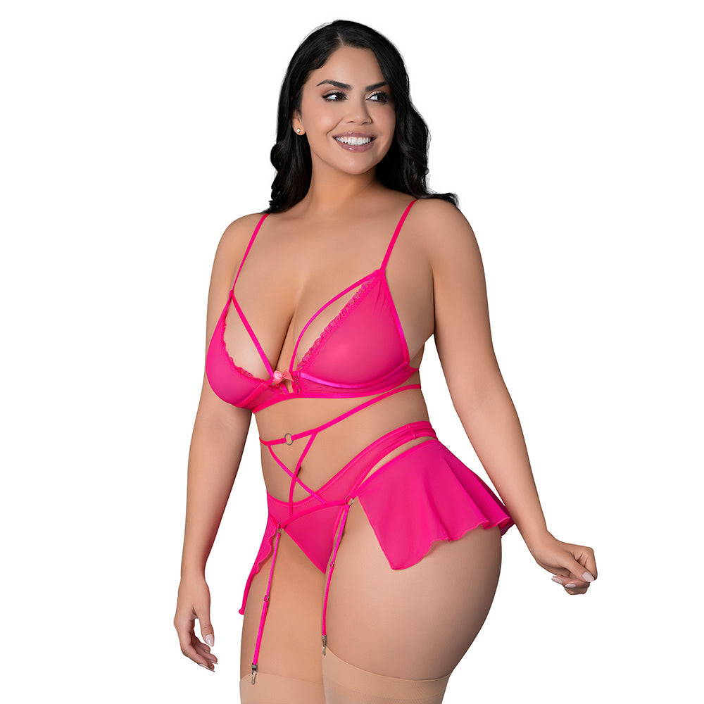 MAGIC SILK - CONJUNTO DE BRALETTE PINK KINK, BRAGUITAS DE CORTE ALTO Y FALDA DE LIGUERO ROSA RESPLANDECIDORA TALLA QUEEN