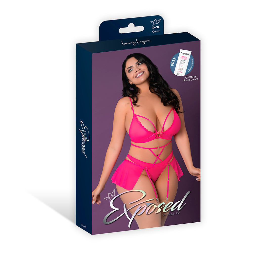 MAGIC SILK PINK KINK BRALETTE, HIGH LEG PANTY & GARTER SKIRT SET PINK GLOW QUEEN SIZE