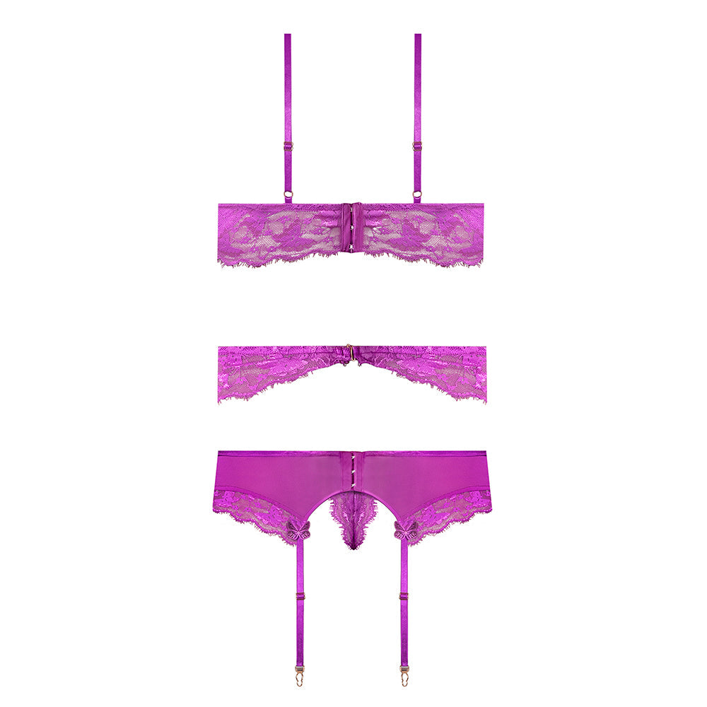 MAGIC SILK BUTTERFLY FANTASIES BRA, GARTER & THONG SET NEON PURPLE S/M