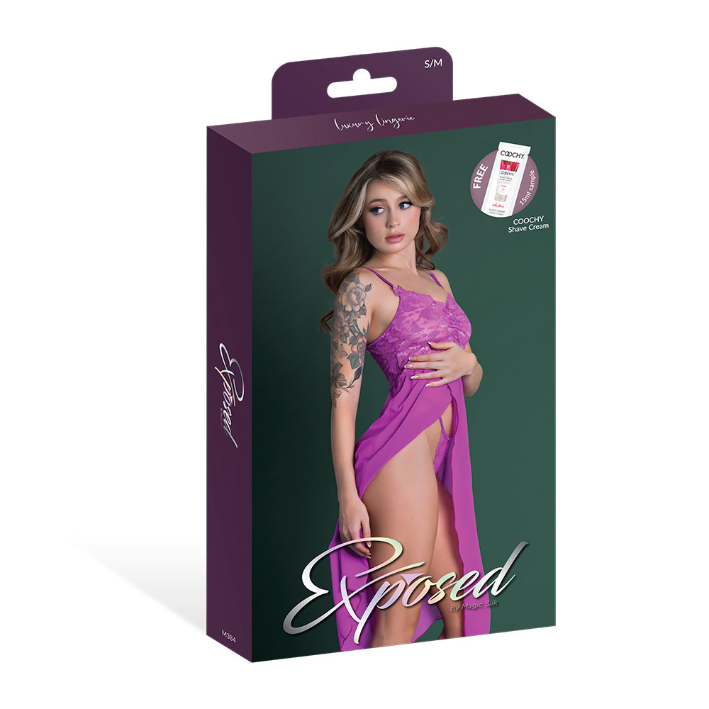 MAGIC SILK BUTTERFLY FANTASIES GOWN & THONG SET NEON PURPLE L/XL