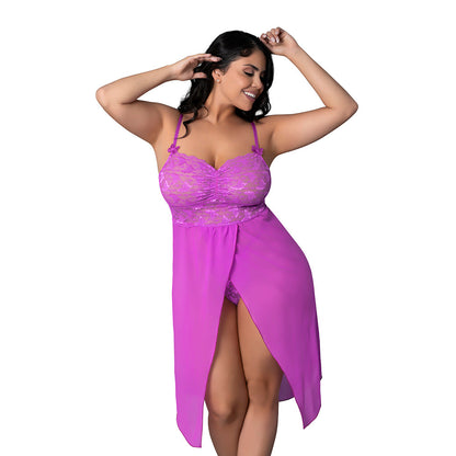 MAGIC SILK BUTTERFLY FANTASIES GOWN & THONG SET NEON PURPLE QUEEN SIZE