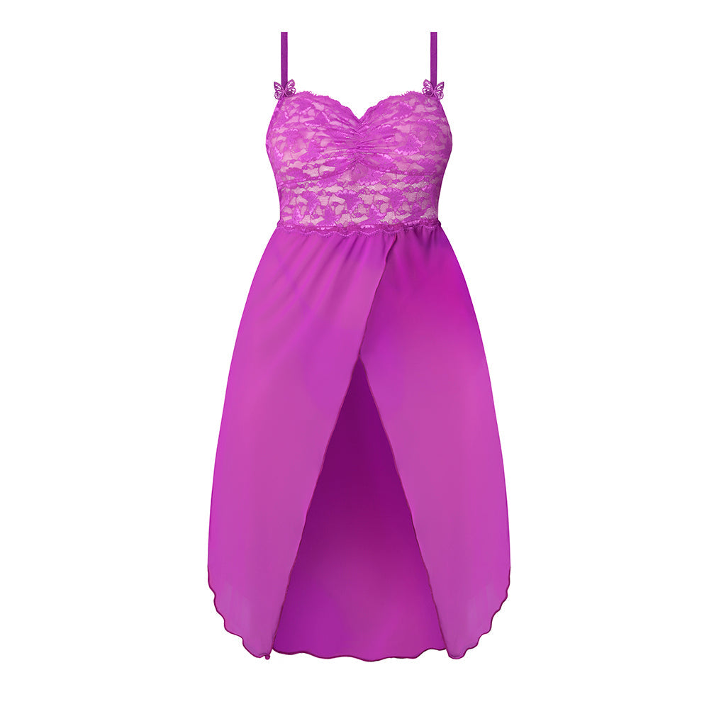 MAGIC SILK - BUTTERFLY FANTASIES GOWN & THONG SET NEON PURPLE QUEEN SIZE