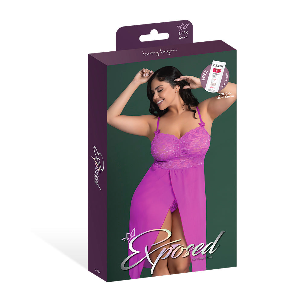 MAGIC SILK BUTTERFLY FANTASIES GOWN & THONG SET NEON PURPLE QUEEN SIZE