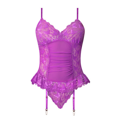 MAGIC SILK BUTTERFLY FANTASIES BASQUE & CHEEKY PANTY SET NEON PURPLE S/M