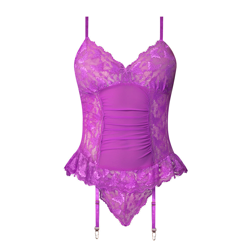 MAGIC SILK BUTTERFLY FANTASIES BASQUE & CHEEKY PANTY SET NEON PURPLE L/XL