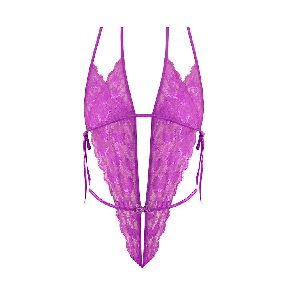 MAGIC SILK - BUTTERFLY FANTASIES PEEK-A-BOO & CROTCHLESS TEDDY NEON PURPLE L/XL