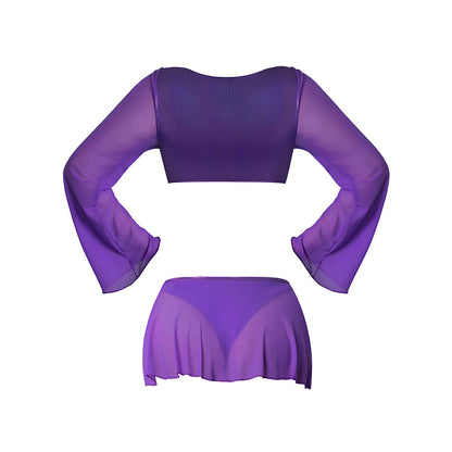 MAGIC SILK GLIMMER LS CROP TOP, MINI SKIRT & TIE SIDE THONG PURPLE DISCO S/M
