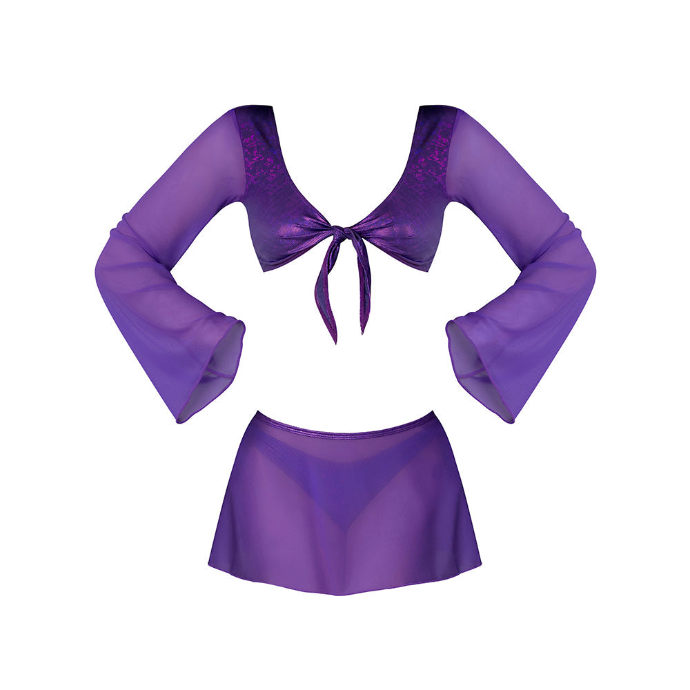 MAGIC SILK GLIMMER LS CROP TOP, MINI SKIRT & TIE SIDE THONG PURPLE DISCO L/XL