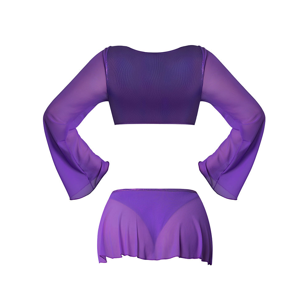 MAGIC SILK GLIMMER LS CROP TOP, MINI SKIRT & TIE SIDE THONG PURPLE DISCO L/XL