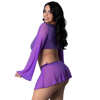 MAGIC SILK GLIMMER LS CROP TOP, MINI SKIRT & TIE SIDE THONG PURPLE DISCO QUEEN SIZE