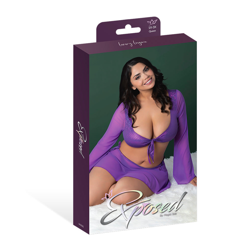 MAGIC SILK - GLIMMER LS CROP TOP, MINI SKIRT & TIE SIDE THONG PURPLE DISCO QUEEN SIZE