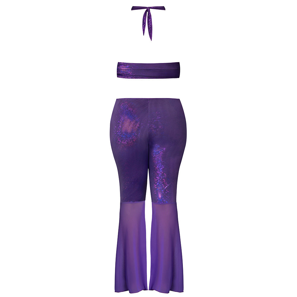 MAGIC SILK GLIMMER WRAP HALTER & FLAIR PANT SET PURPLE DISCO S/M