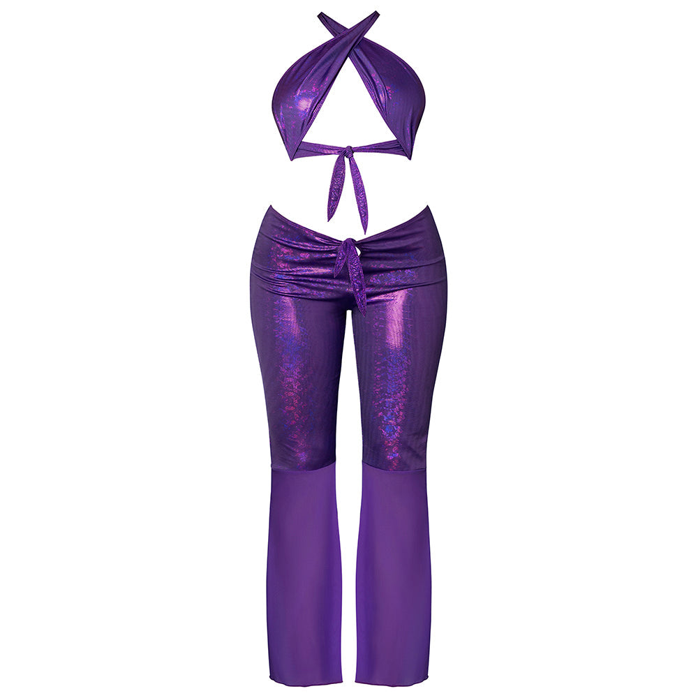 MAGIC SILK GLIMMER WRAP HALTER & FLAIR PANT SET PURPLE DISCO L/XL