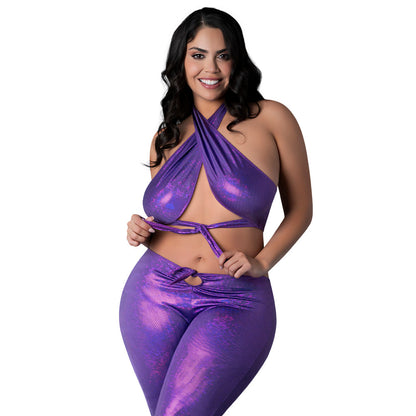 MAGIC SILK - CONJUNTO DE HALTER CON CUELLO HALTER Y PANTALONES ACAMPANADOS MORADO DISCO QUEEN TALLA