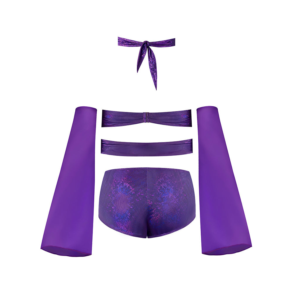 MAGIC SILK GLIMMER WRAP BRALETTE, BOOTY SHORTS & SLEEVE SET PURPLE DISCO S/M