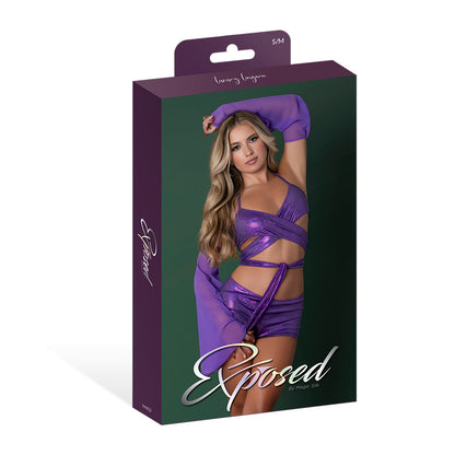 MAGIC SILK GLIMMER WRAP BRALETTE, BOOTY SHORTS & SLEEVE SET PURPLE DISCO S/M