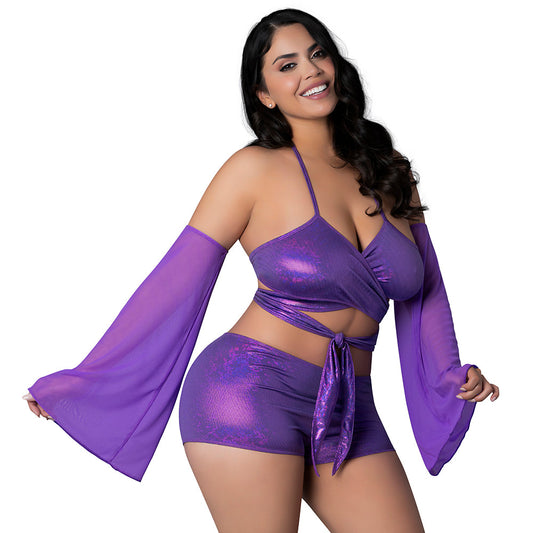 MAGIC SILK GLIMMER WRAP BRALETTE, BOOTY SHORTS & SLEEVE SET PURPLE DISCO QUEEN SIZE