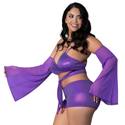 MAGIA DE SEDA - BRALETTE ENVOLVENTE CON DESTELLOS, PANTALONES CORTOS Y CONJUNTO DE MANGAS REINA DISCO PÚRPURA TALLA