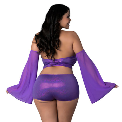 MAGIA DE SEDA - BRALETTE ENVOLVENTE CON DESTELLOS, PANTALONES CORTOS Y CONJUNTO DE MANGAS REINA DISCO PÚRPURA TALLA