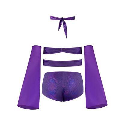 MAGIC SILK GLIMMER WRAP BRALETTE, BOOTY SHORTS & SLEEVE SET PURPLE DISCO QUEEN SIZE