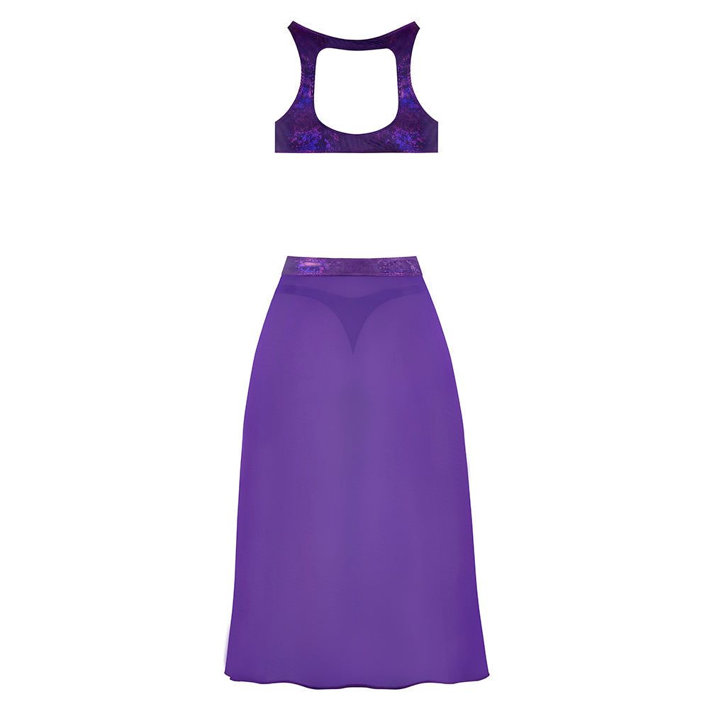 MAGIC SILK GLIMMER HIGH NECK CROP TOP, FLOWY SKIRT & TANGA SET PURPLE DISCO S/M