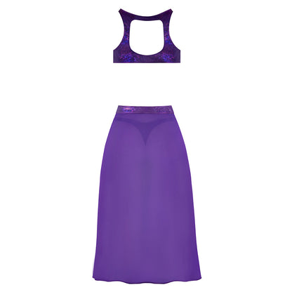 MAGIC SILK GLIMMER HIGH NECK CROP TOP, FLOWY SKIRT & TANGA SET PURPLE DISCO S/M