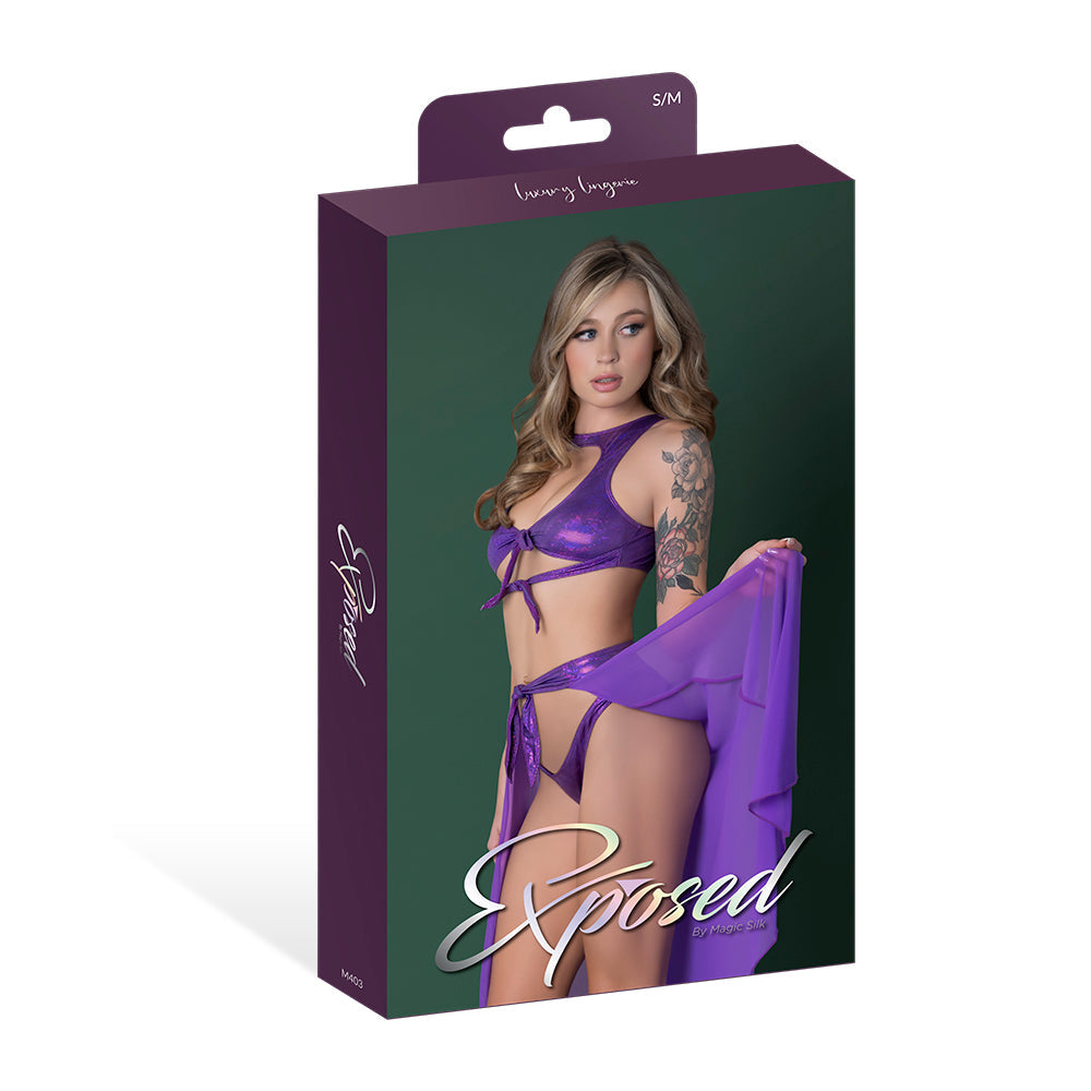 MAGIC SILK GLIMMER HIGH NECK CROP TOP, FLOWY SKIRT & TANGA SET PURPLE DISCO S/M