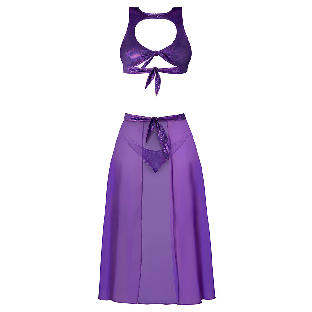 MAGIC SILK GLIMMER HIGH NECK CROP TOP, FLOWY SKIRT & TANGA SET PURPLE DISCO L/XL