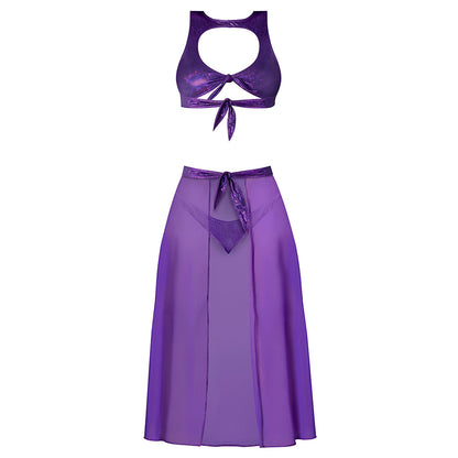 MAGIC SILK GLIMMER HIGH NECK CROP TOP, FLOWY SKIRT & TANGA SET PURPLE DISCO L/XL