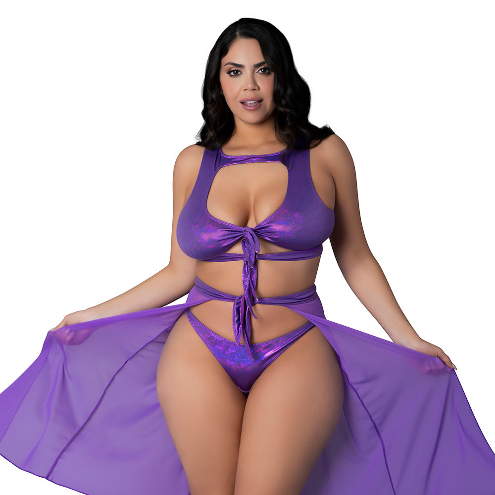 MAGIC SILK GLIMMER HIGH NECK CROP TOP, FLOWY SKIRT & TANGA SET PURPLE DISCO QUEEN SIZE