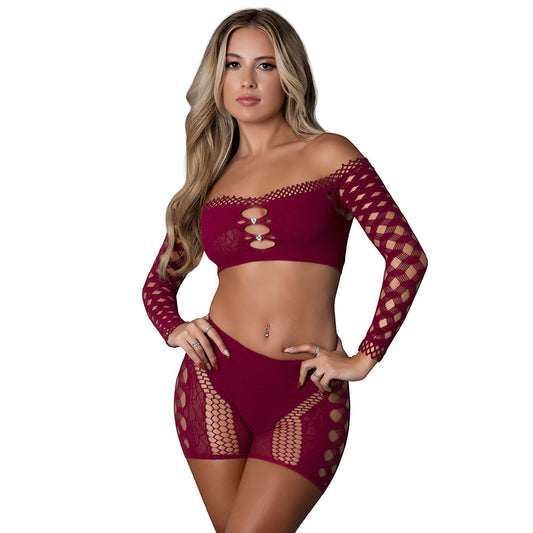 MAGIC SILK SEAMLESS CROP TOP & SHORT SET BURGUNDY O/S