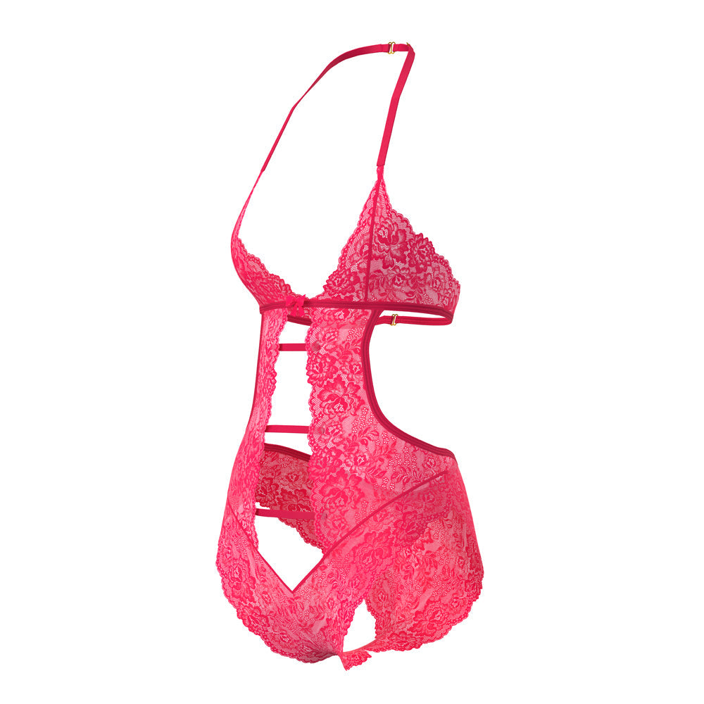 MAGIC SILK - GET IT GIRL HALTER TEDDY WITH SNAP CROTCH DIVA PINK L/XL