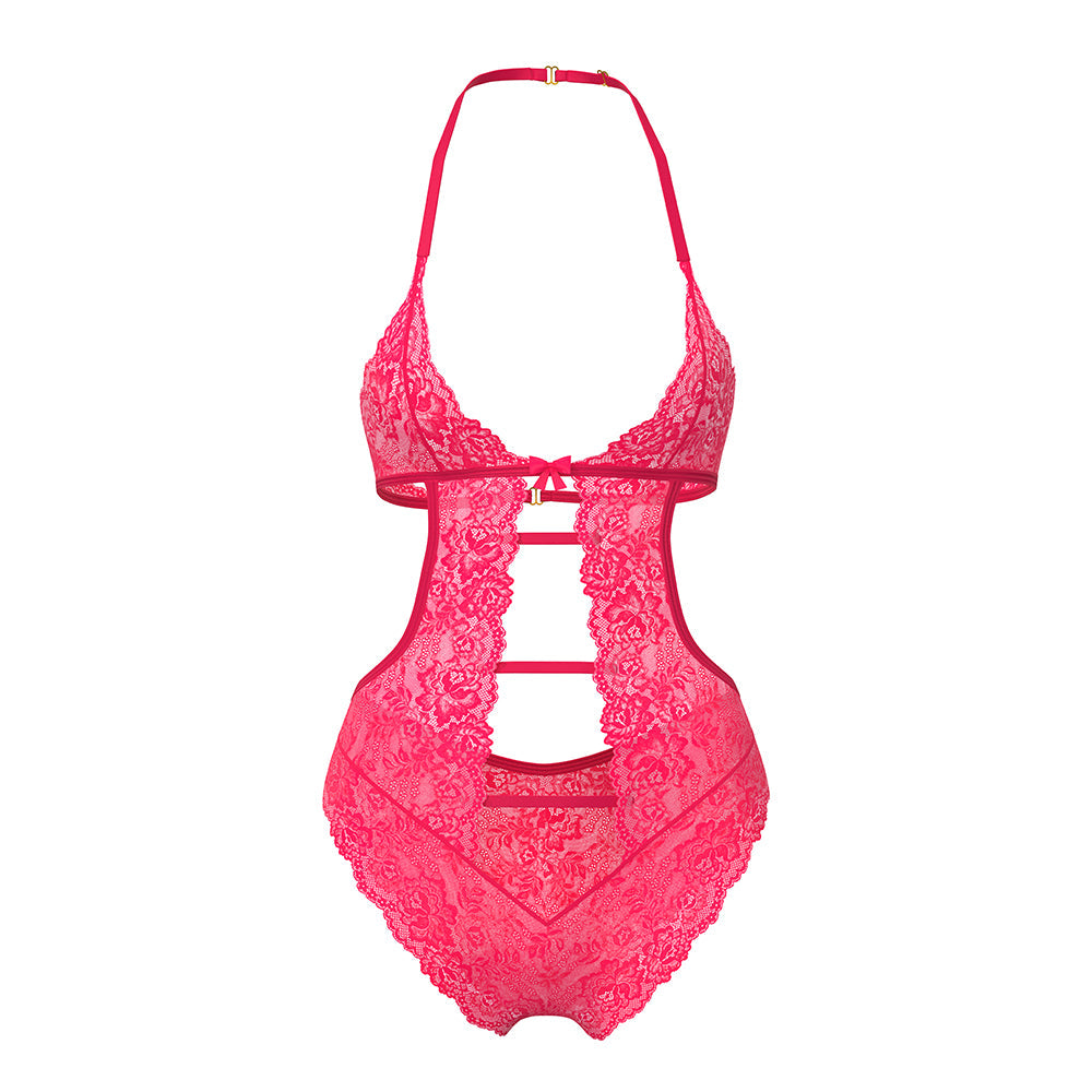 MAGIC SILK - GET IT GIRL HALTER TEDDY WITH SNAP CROTCH DIVA PINK QUEEN SIZE