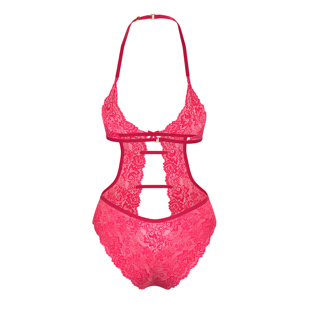 MAGIC SILK - GET IT GIRL HALTER TEDDY WITH SNAP CROTCH DIVA PINK QUEEN SIZE