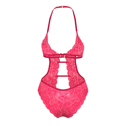 MAGIC SILK - GET IT GIRL HALTER TEDDY WITH SNAP CROTCH DIVA PINK QUEEN SIZE