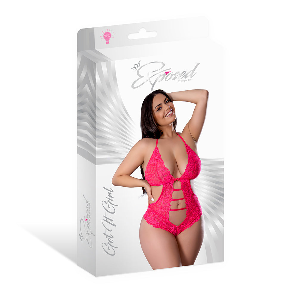 MAGIC SILK - GET IT GIRL HALTER TEDDY WITH SNAP CROTCH DIVA PINK QUEEN SIZE