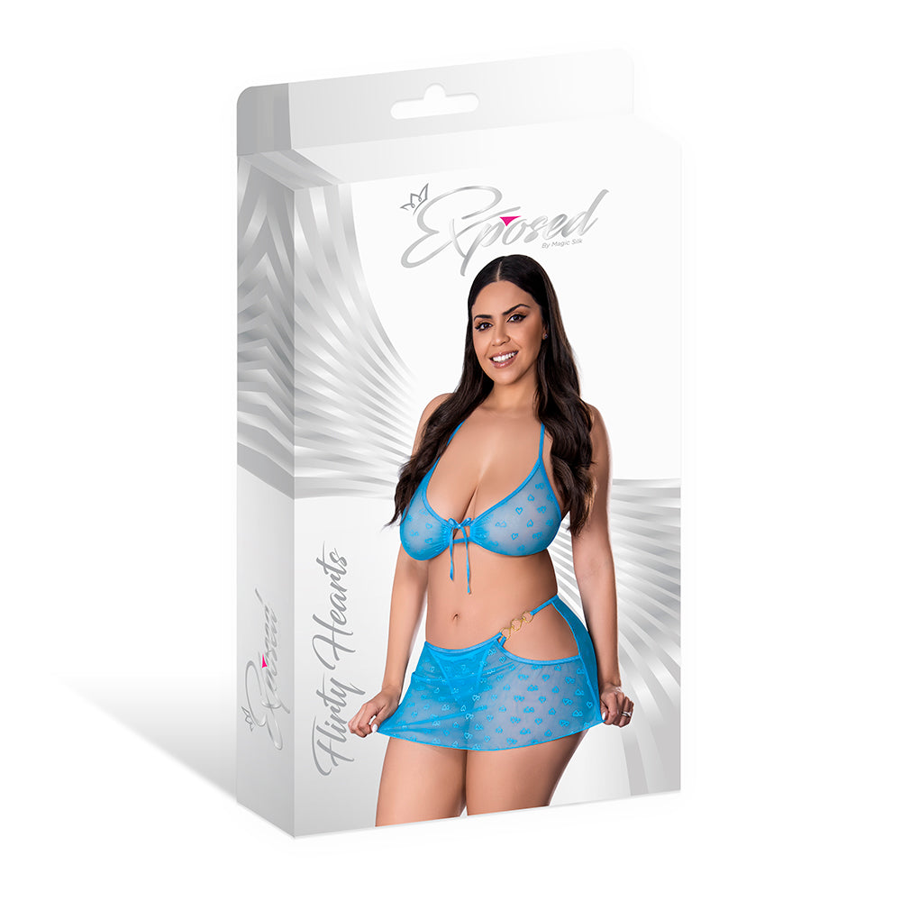 MAGIC SILK - FLIRTY HEARTS HALTER BRA, FLUTTER SKIRT & G-STRING SET BLUE SUGAR QUEEN SIZE