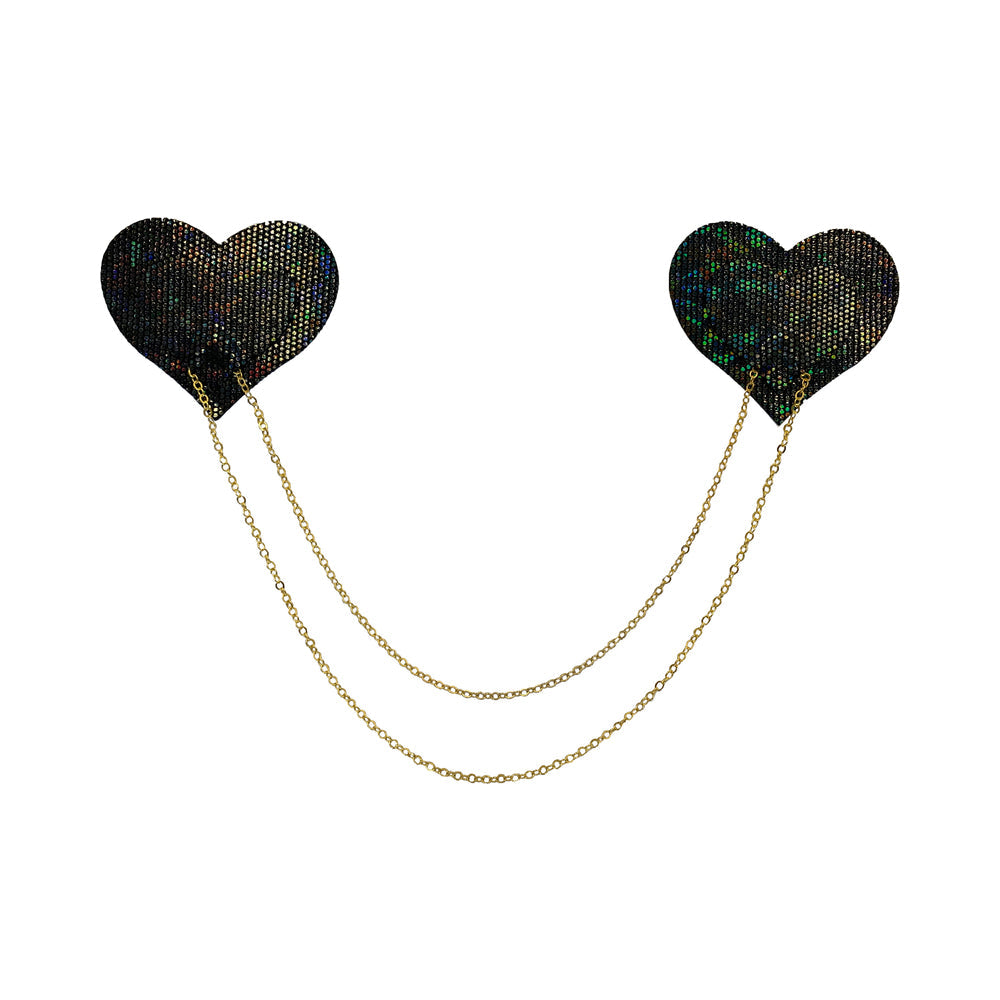 PASTEASE - CHAINS: BLACK SHATTERED DISCO BALL HEART WITH GOLD CHAINS PASTIES