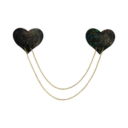 PASTEASE - CHAINS: BLACK SHATTERED DISCO BALL HEART WITH GOLD CHAINS PASTIES