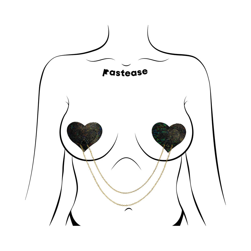 PASTEASE CHAINS: BLACK SHATTERED DISCO BALL HEART WITH GOLD CHAINS PASTIES