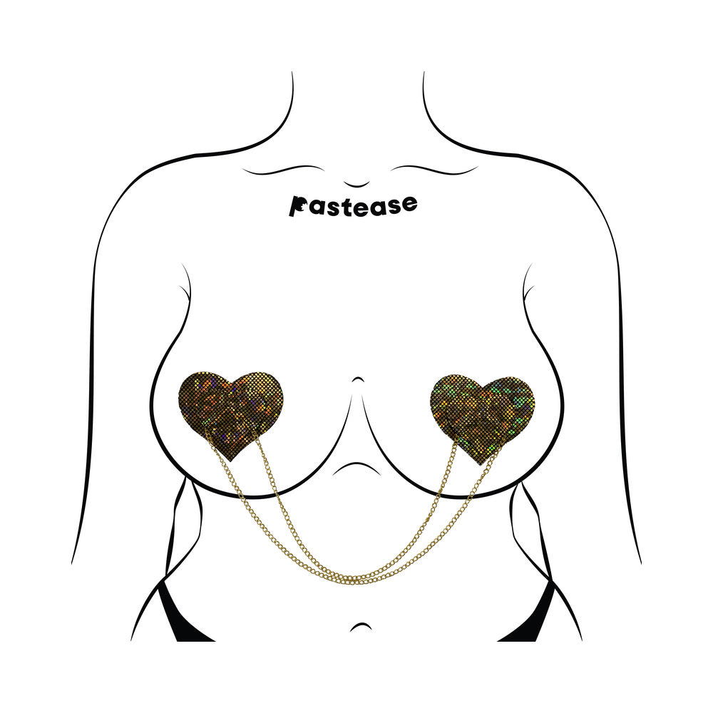 PASTEASE CHAINS: BLACK SHATTERED DISCO BALL HEART WITH GOLD CHAINS PASTIES