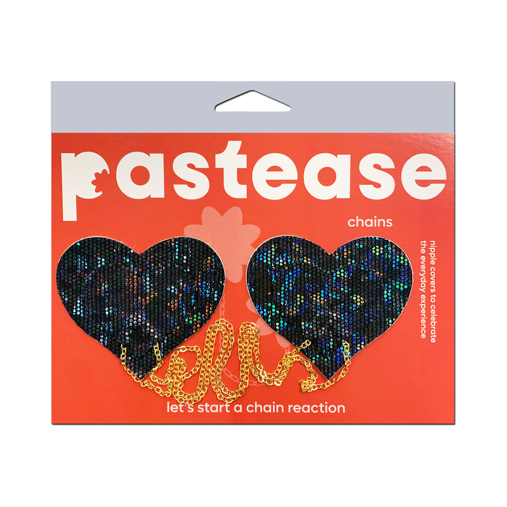 PASTEASE CHAINS: BLACK SHATTERED DISCO BALL HEART WITH GOLD CHAINS PASTIES