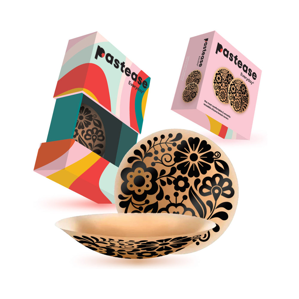 PASTEASE HALOS REUSABLE STICKY ADHESIVE SILICONE NIPPLE COVER FLORAL NUDE LARGE D+ CUP