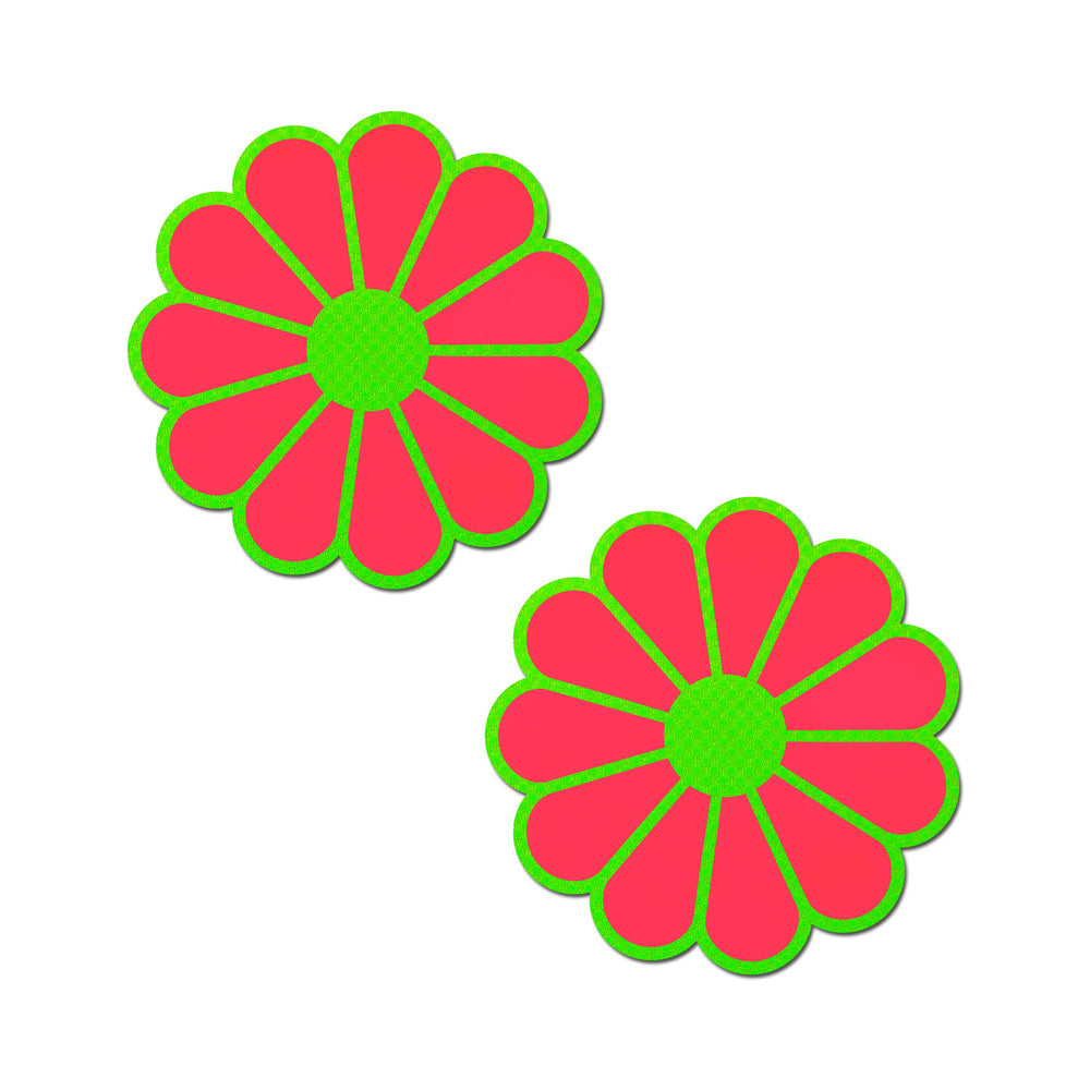 PASTEASE - DAISY : CACHE-TÉTONS EN FORME DE PÉTALES VERT NÉON ET ROSE NÉON PHOSPHORESCENT