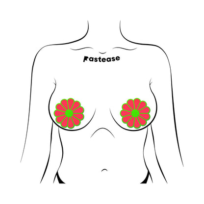 PASTEASE DAISY: NEON GREEN & GLOW-IN-THE-DARK NEON PINK PETAL PASTIES NIPPLE COVERS