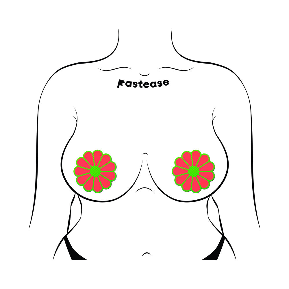 PASTEASE DAISY: NEON GREEN & GLOW-IN-THE-DARK NEON PINK PETAL PASTIES NIPPLE COVERS