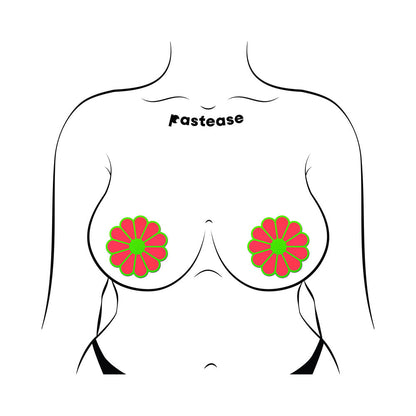 PASTEASE DAISY: NEON GREEN & GLOW-IN-THE-DARK NEON PINK PETAL PASTIES NIPPLE COVERS